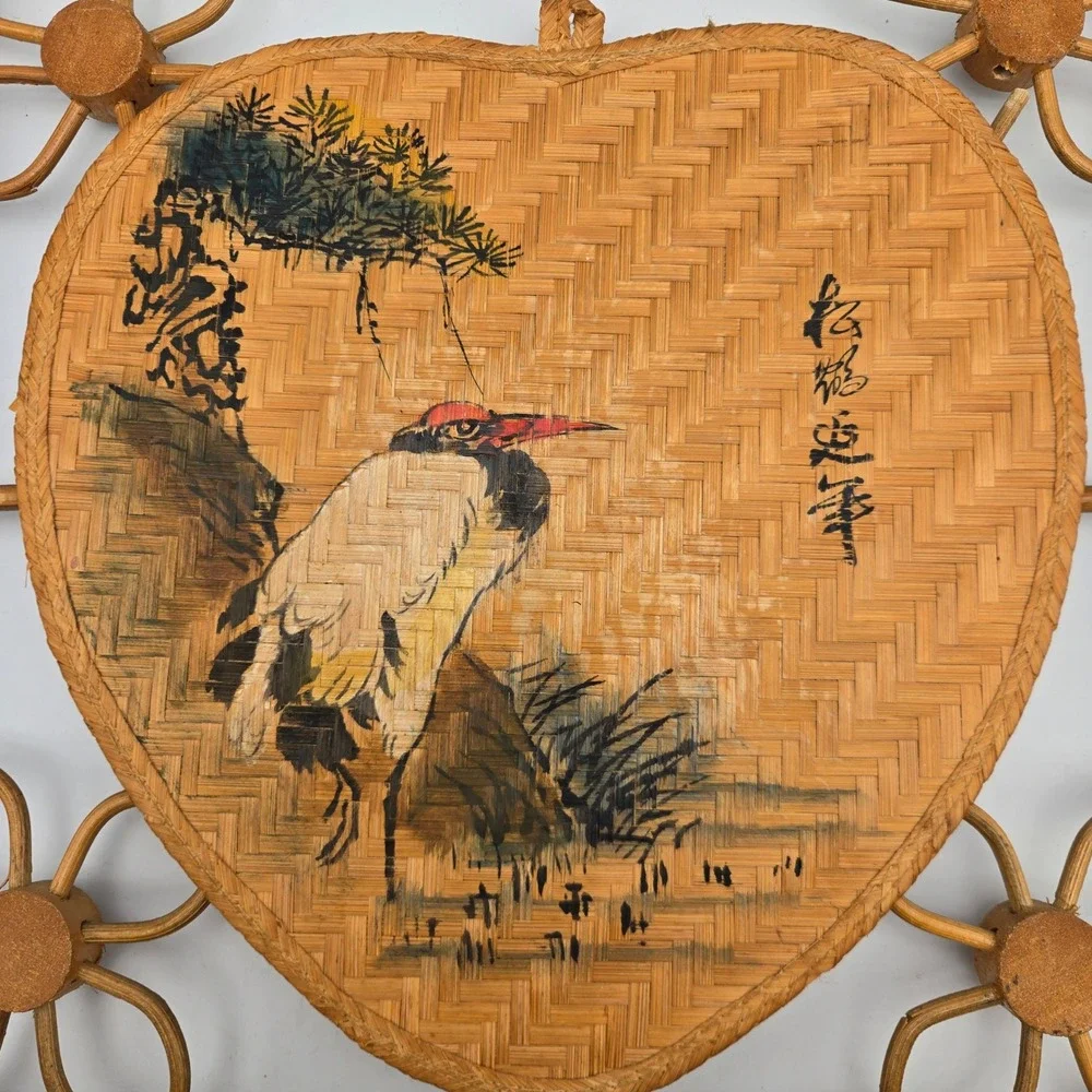 Vintage Bamboo Rattan Wall Mail Organizer Shelf Hand Painted Bird Boho 18